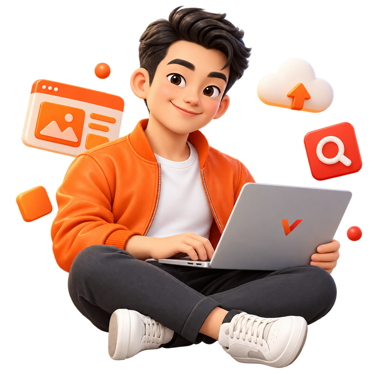 Linh vật chibi áo cam của Vượng Digital Marketing đang làm việc với laptop